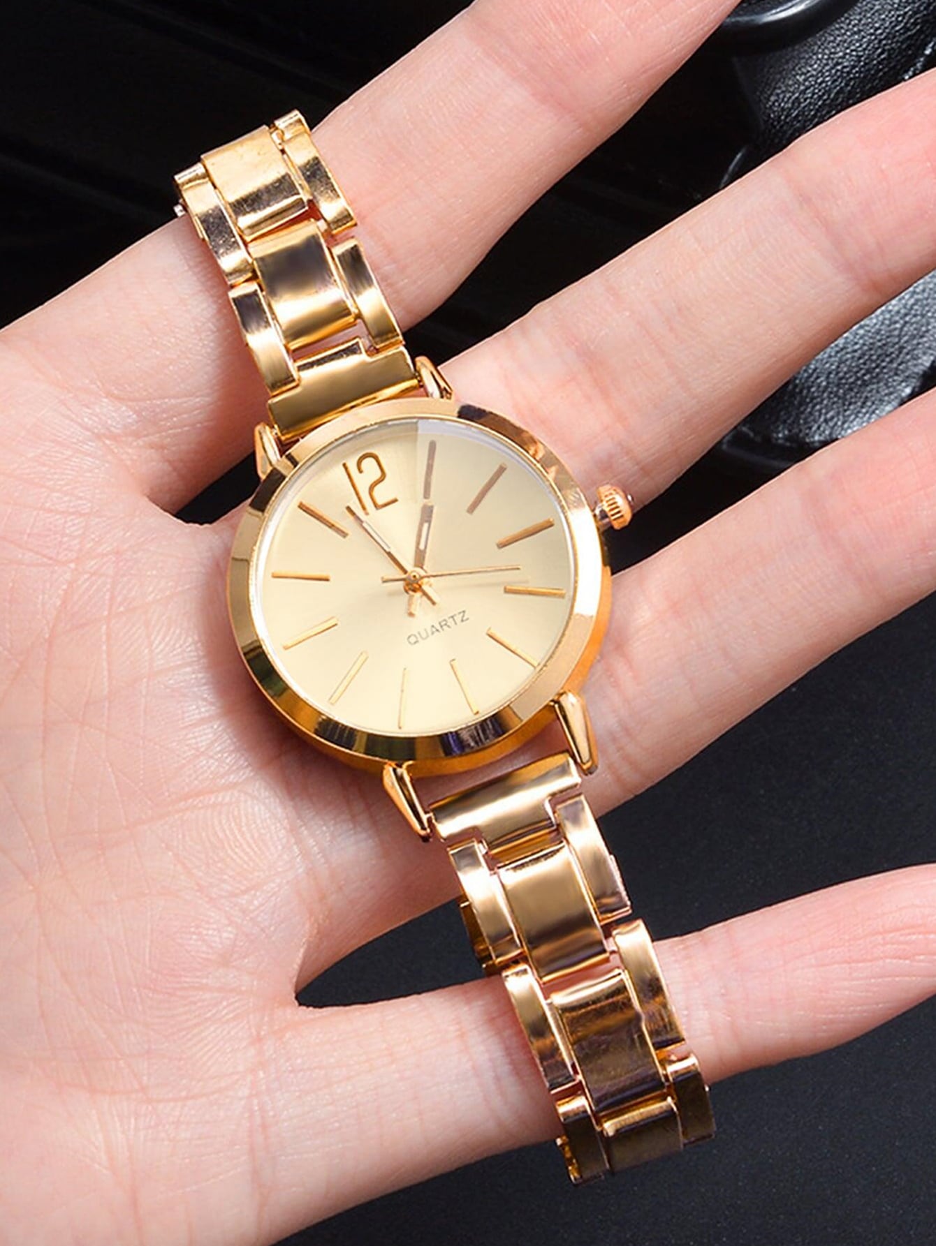 1pc Simple Round Pointer Quartz Watch With 1pc Bracelet - Gold - www.thetreasurebox.me