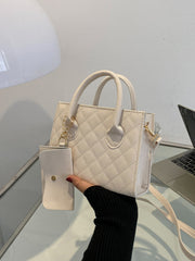 Argyle Quilted Double Handle Square Bag With Coin Purse - Beige
