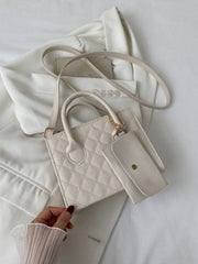 Argyle Quilted Double Handle Square Bag With Coin Purse - Beige