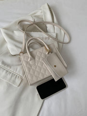 Argyle Quilted Double Handle Square Bag With Coin Purse - Beige