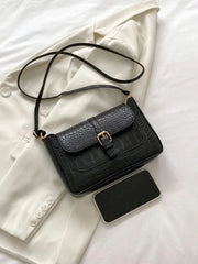 Crocodile Embossed Buckle Decor Flap Square Bag - Black - www.thetreasurebox.me