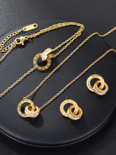 3pcs/set Cubic Zirconia Double Ring Pendant Necklace & Drop Earrings - Gold