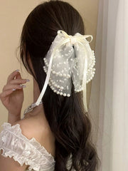 1pc Faux Pearl Mesh Ribbon Multi-Layered Bowknot Hair Clip