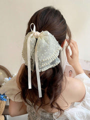 1pc Faux Pearl Mesh Ribbon Multi-Layered Bowknot Hair Clip