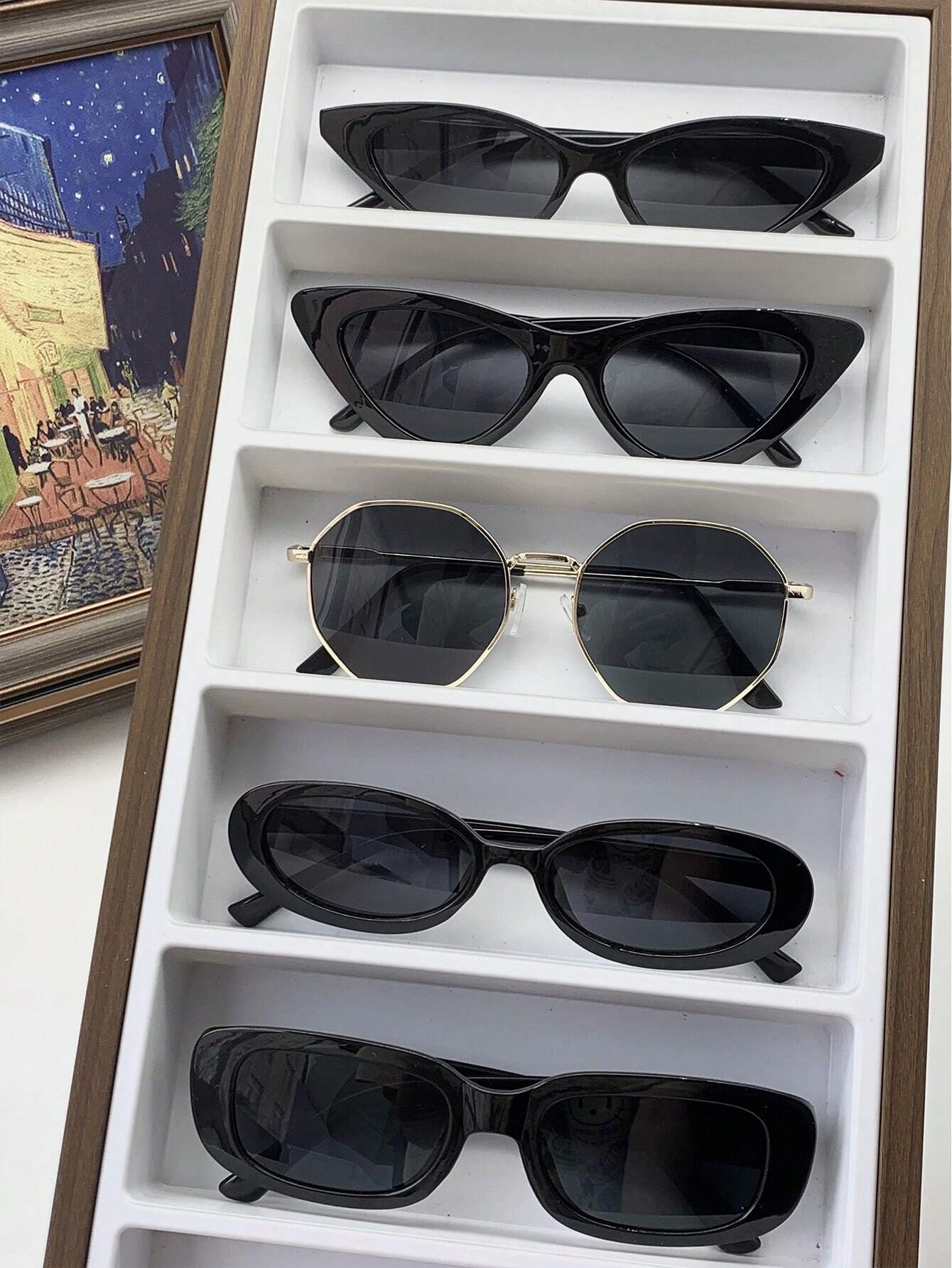5pcs Retro Polygonal Square Eyeglasses - Gold Frame Gray Black Gray - www.thetreasurebox.me