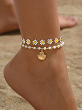 2pcs Handmade Pearl Bead & Gold Shell Anklet Set