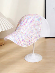 Fashion Rhinestone Decorated White Baseball Cap - White