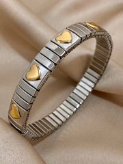 Two Tone Heart Decor Stainless Steel Elastic Bracelet - Gold & Silver