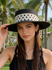 1pc Summer Wide Brim Beach Hat, Polka Dot Ribbon Sun Hat