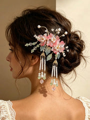 Gradient Pink Glass Flower Pearl Tassel Bridal Hair Stick