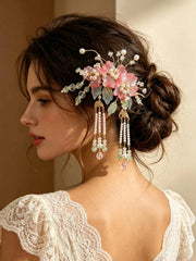 Gradient Pink Glass Flower Pearl Tassel Bridal Hair Stick