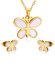 Butterfly Gold Shell Pendant Necklace Earrings jewelry set