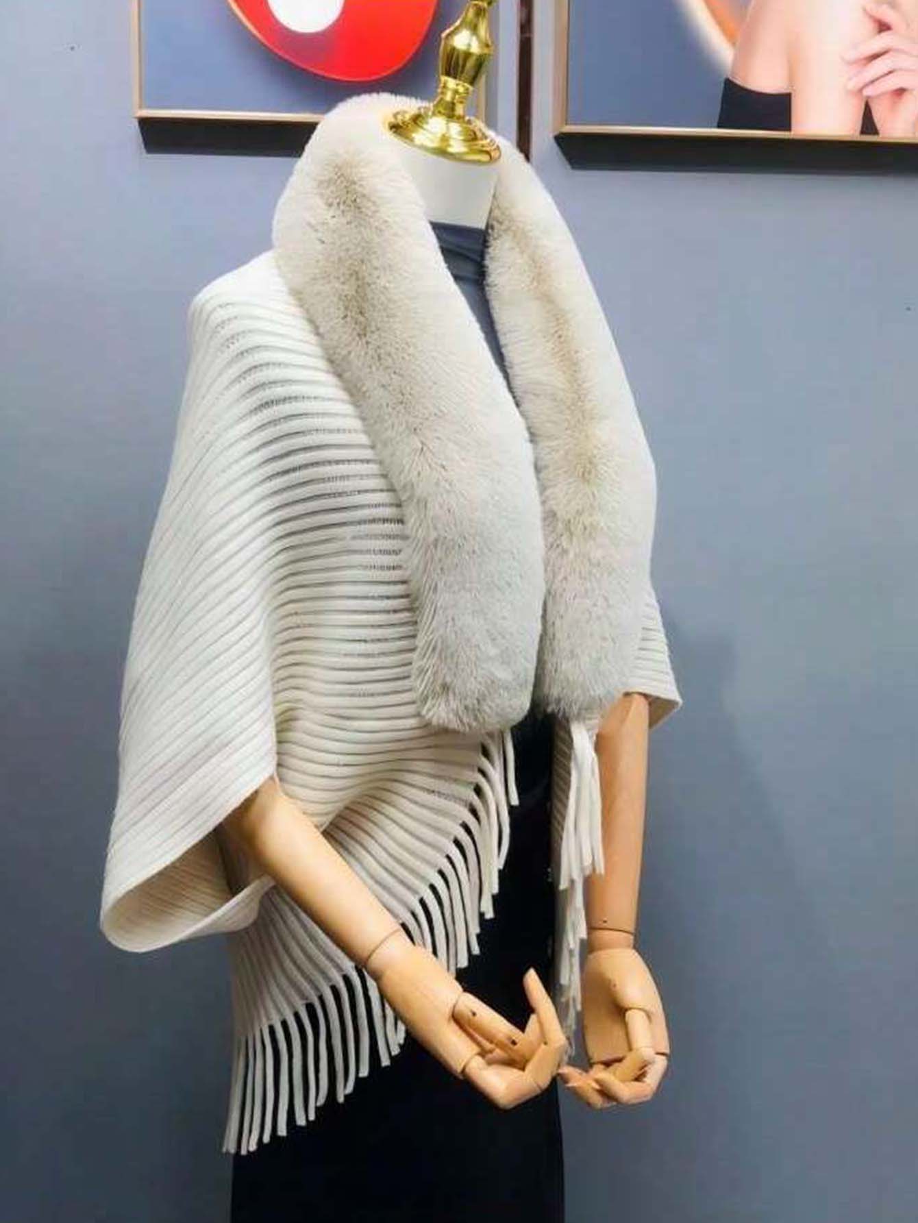 1pc Striped Tassel Shawl With Fur Collar Knitted Cape - FD ⚡