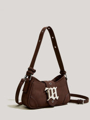 Coffee Brown Snap Button Zip Closure Rivet Mini Baguette Bag
