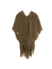 1pc Oversized Knit Poncho Cape With Hood And Buttons - Brown - FD ⚡