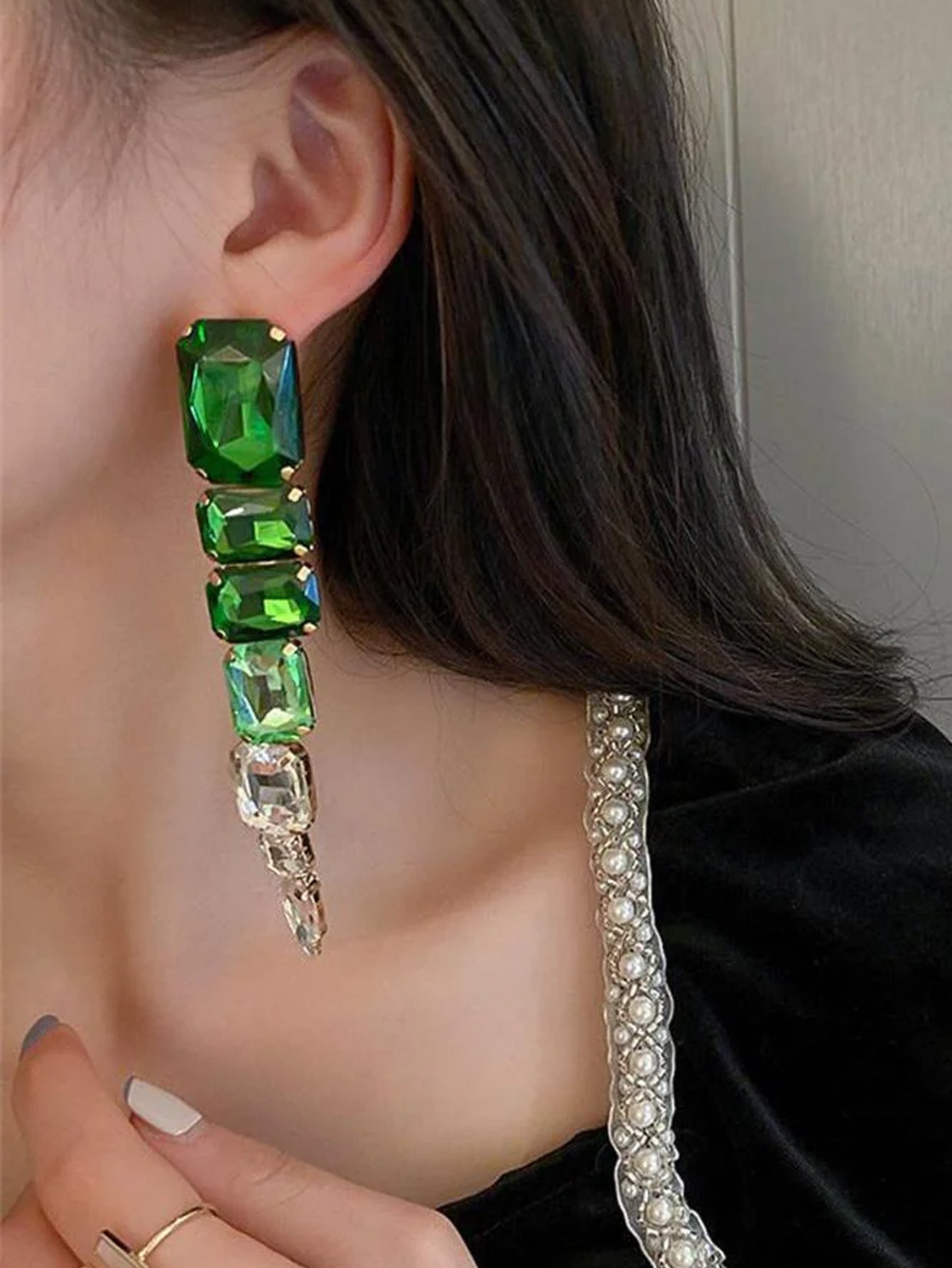 1pair Green Square Crystal Long Drop Earrings