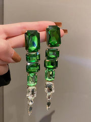 1pair Green Square Crystal Long Drop Earrings