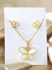 Butterfly Gold Shell Pendant Necklace Earrings jewelry set