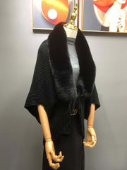1pc Striped Tassel Shawl With Fur Collar Knitted Cape - Black - FD ⚡