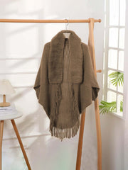 1pc Striped Tassel Shawl With Fur Collar Knitted Cape - Brown- FD ⚡