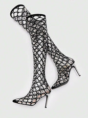 Rhinestone Decor Point Toe Heeled Sock Boots - Black