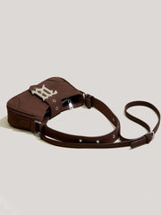 Coffee Brown Snap Button Zip Closure Rivet Mini Baguette Bag