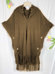 1pc Oversized Knit Poncho Cape With Hood And Buttons - Brown - FD ⚡