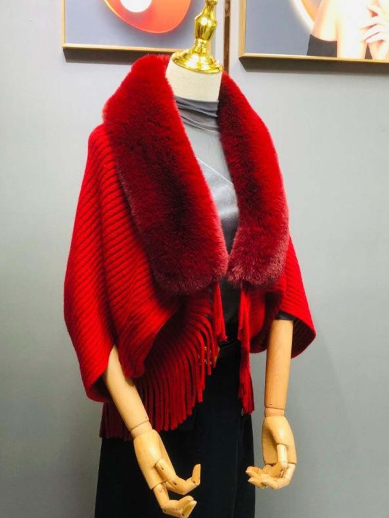 1pc Striped Tassel Shawl With Fur Collar Knitted Cape - Red - FD ⚡