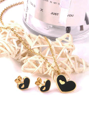 Filled Black Heart Pendant Necklace Earrings Jewelry Set