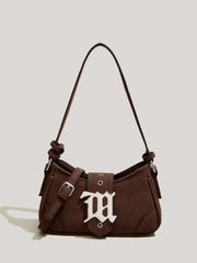 Coffee Brown Snap Button Zip Closure Rivet Mini Baguette Bag