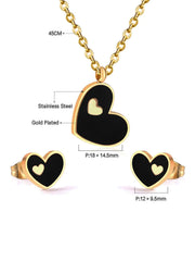 Filled Black Heart Pendant Necklace Earrings Jewelry Set