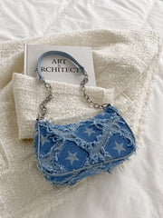 Demin Detail Star Print Stitch Decor Chained Strap Shoulder Bag - Blue