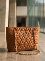 Geo Pattern Quilted Chain Decor Zip Closure Tote Bag - Brown