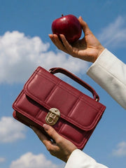 Geometric Quilted Twist Lock Satchel Bag With Strap - Deep Crimson