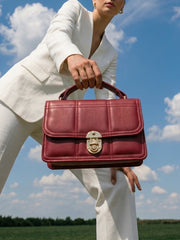 Geometric Quilted Twist Lock Satchel Bag With Strap - Deep Crimson