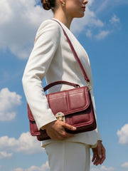 Geometric Quilted Twist Lock Satchel Bag With Strap - Deep Crimson