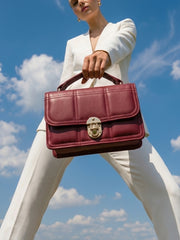 Geometric Quilted Twist Lock Satchel Bag With Strap - Deep Crimson