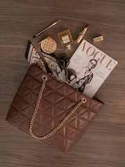 Geometric Pattern Quilted Chain Tote Bag - Mocha Brown