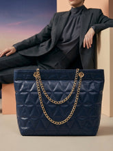 Geometric Pattern Quilted Chain Tote Bag - Navy Blue