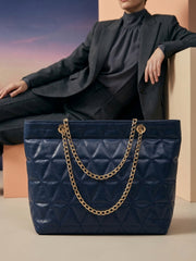 Geometric Pattern Quilted Chain Tote Bag - Navy Blue