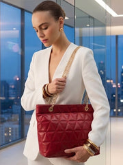 Geometric Pattern Quilted Zip Closure Chain Tote Bag - Red