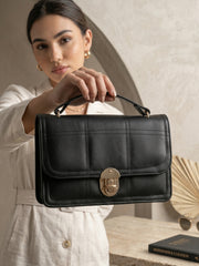 Geometric Quilted Twist Lock Satchel Bag With Strap - Black