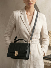 Geometric Quilted Twist Lock Satchel Bag With Strap - Black