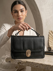 Geometric Quilted Twist Lock Satchel Bag With Strap - Black