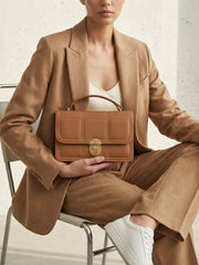 Geometric Quilted Twist Lock Satchel Bag With Strap - Brown