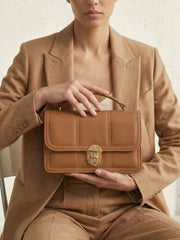 Geometric Quilted Twist Lock Satchel Bag With Strap - Brown