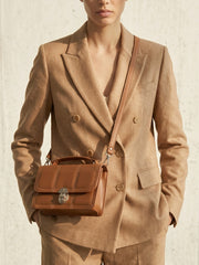 Geometric Quilted Twist Lock Satchel Bag With Strap - Brown