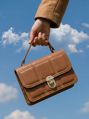 Geometric Quilted Twist Lock Satchel Bag With Strap - Brown