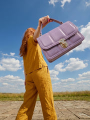 Geometric Quilted Twist Lock Satchel Bag With Strap - Lavender