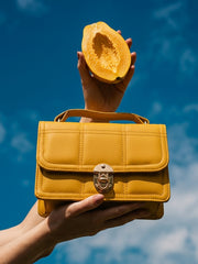 Geometric Quilted Twist Lock Satchel Bag With Strap - Yellow